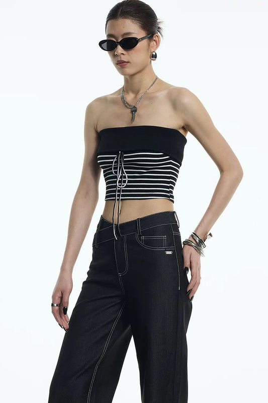 Black White Striped Ribbed Bandeau