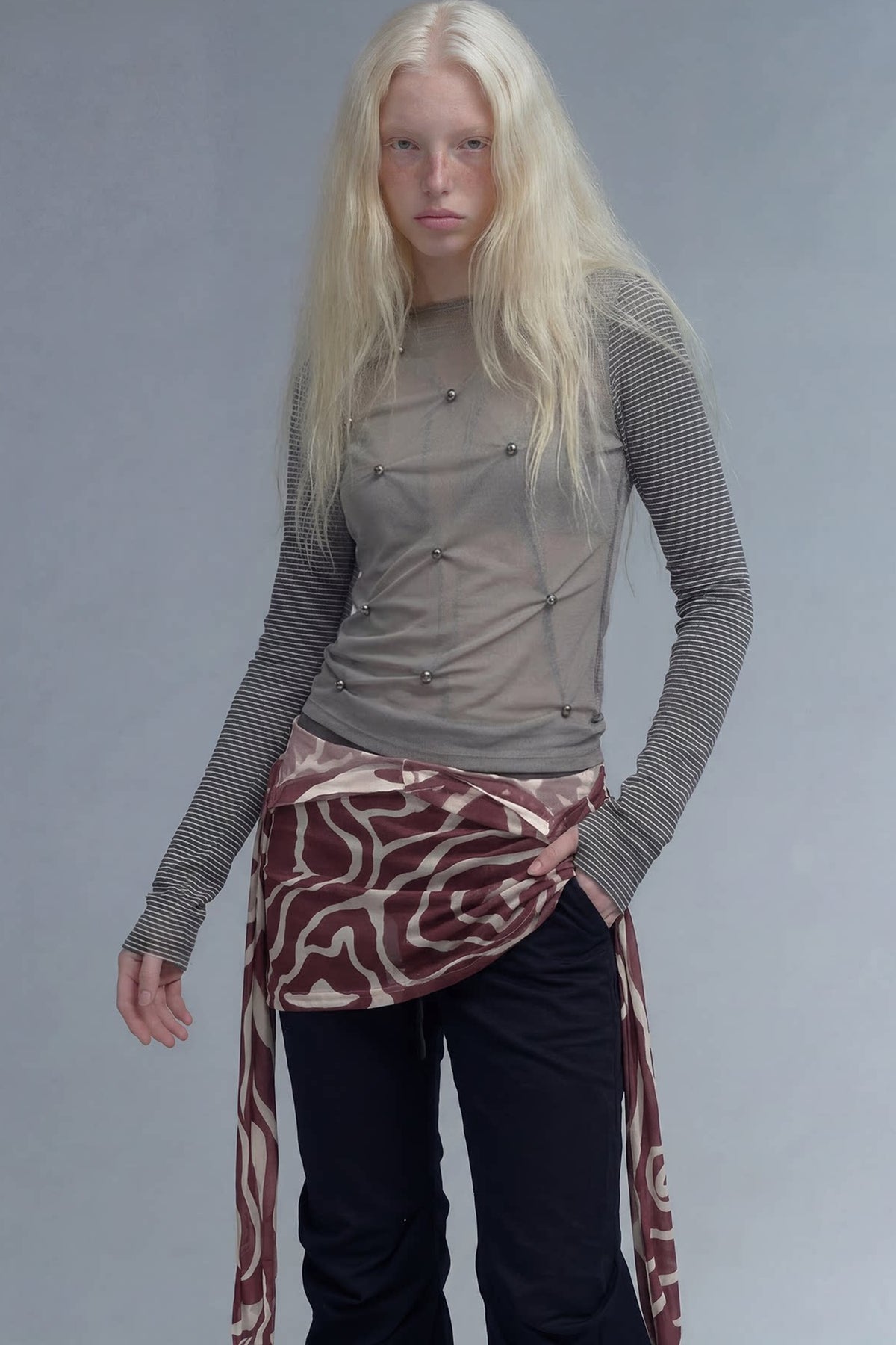 Studded Striped Long-Sleeve Sheer Mesh T-shirt