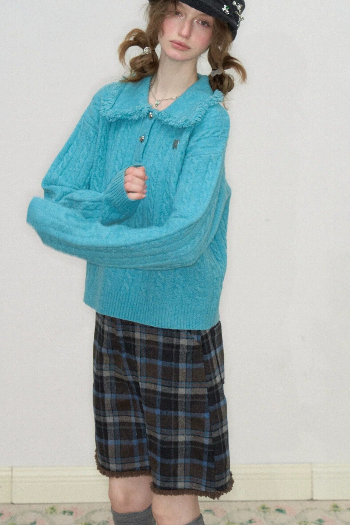 Blue Green Velvet Floral Twist Texture Tassel Sweater