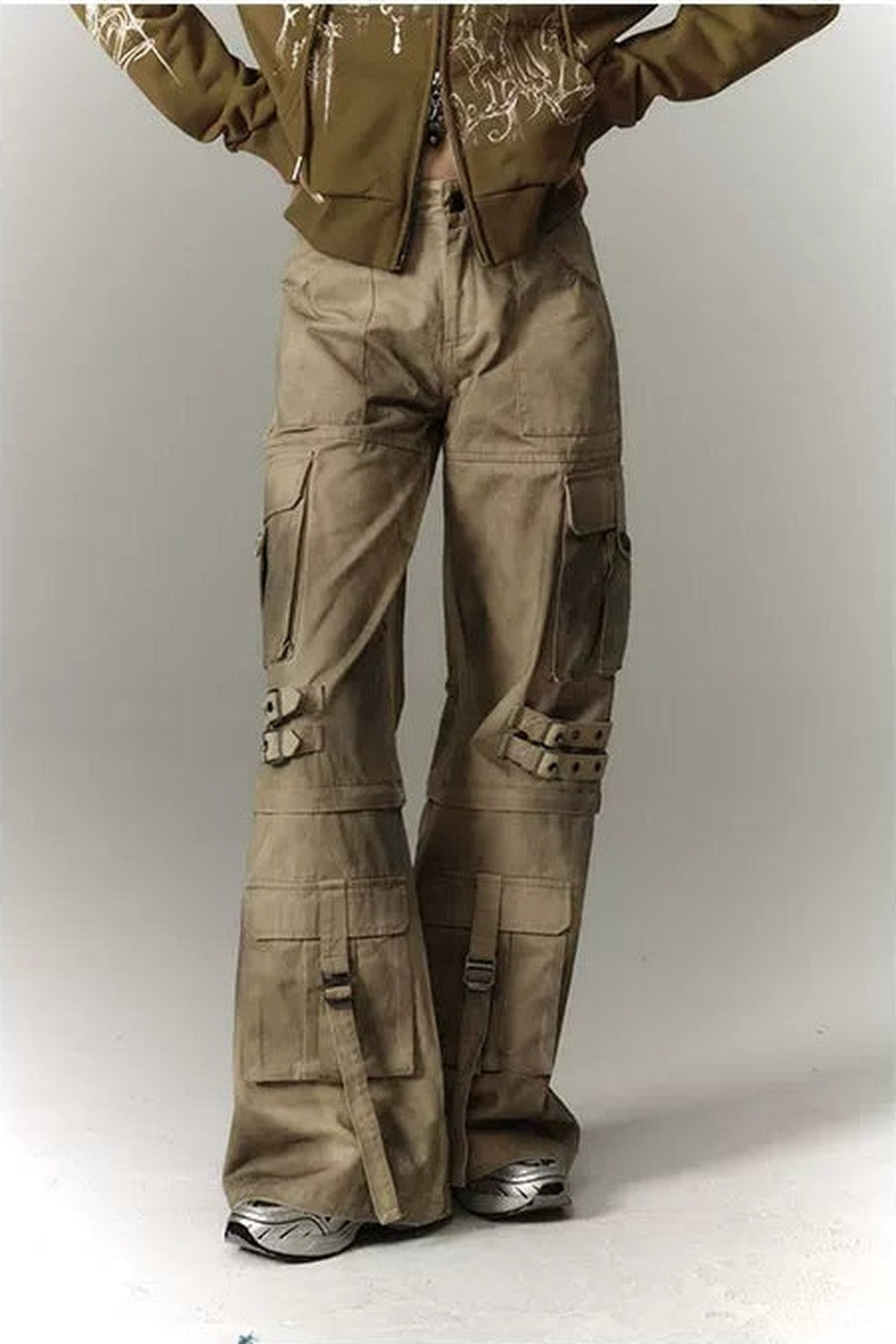 Detachable Washed Workwear Wide-Leg Pants