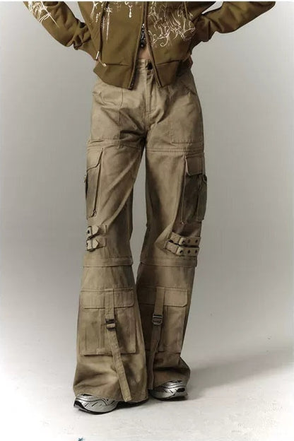 Detachable Washed Workwear Wide-Leg Pants