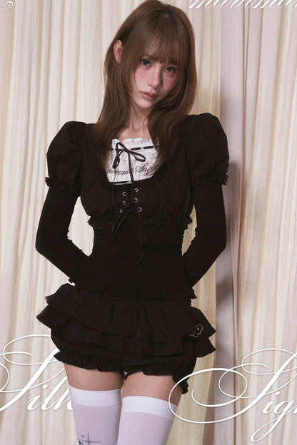 Angel Banquet Drawstring Puff Sleeve Short Cardigan