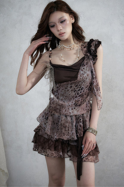 Leopard Print Layered-Look Strap Irregular Hem Dress