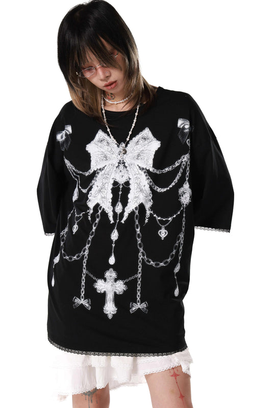 Gothic Bow Chain Rib Cage Lace T-Shirt