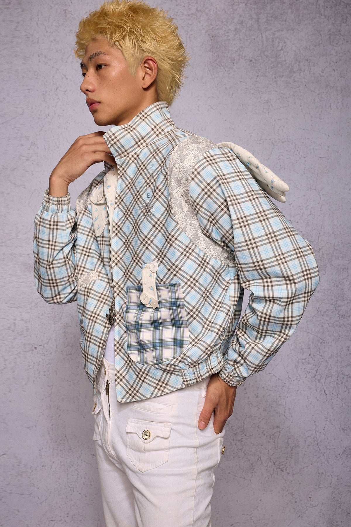 Jacke mit Engelsflügeln, Karomuster, Patchwork und Strass