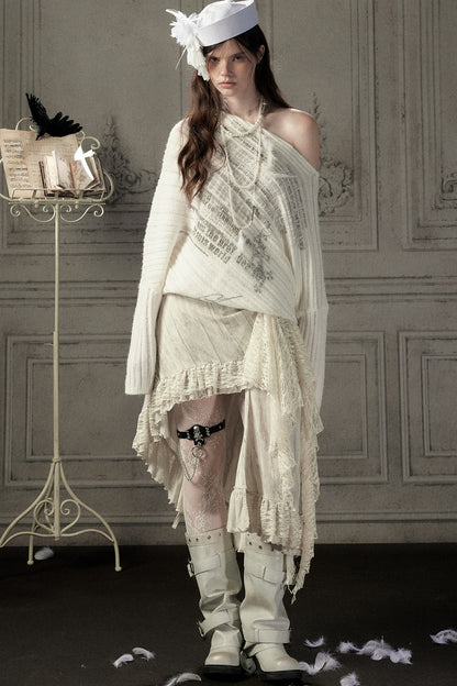 Beige Asymmetrical Lace Spliced Skirt
