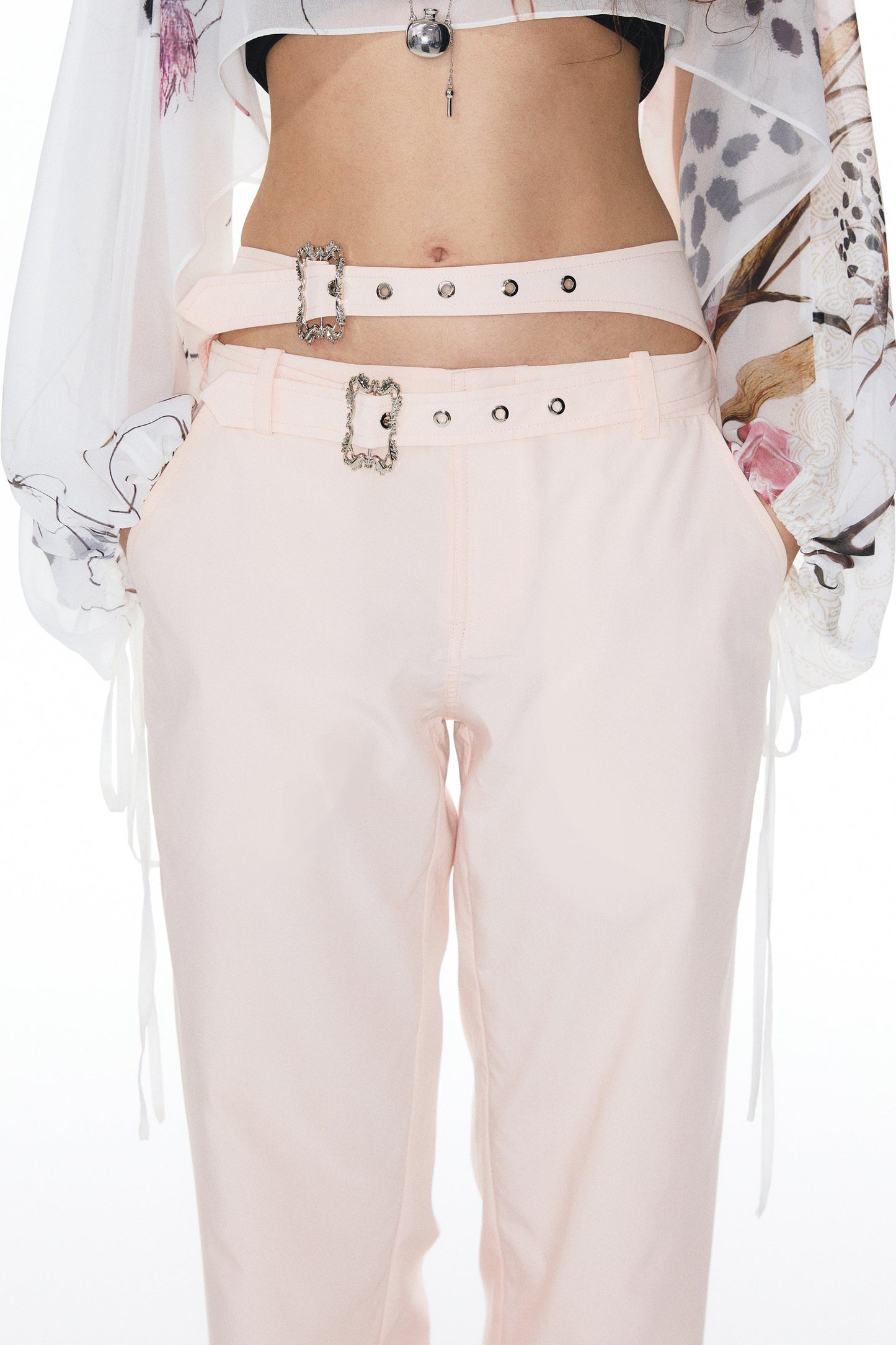 Pink Double Waistband Low-Waist Pants