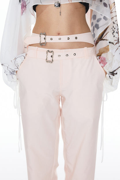 Pink Double Waistband Low-Waist Pants