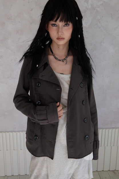 Trench Style Printed Unhemmed Double-Breasted Jacket