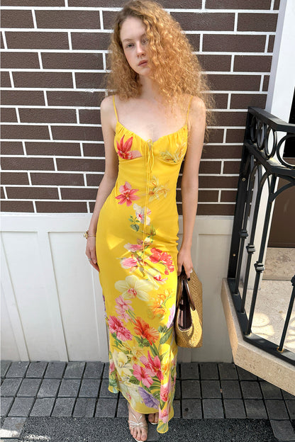 Tropisches handbemaltes Slipkleid mit Blumenmuster und V-Ausschnitt