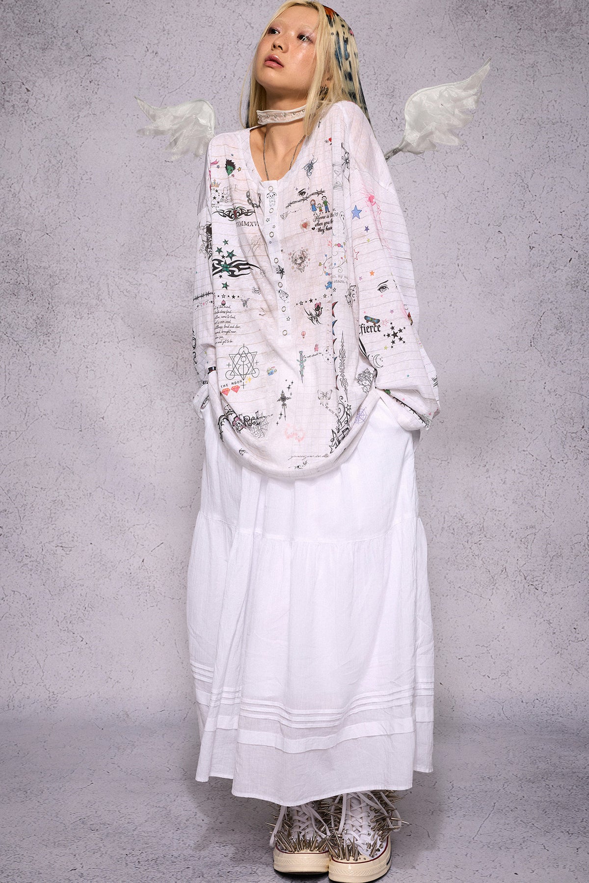 Manuscript Print Long Sleeve Open Front Shirt