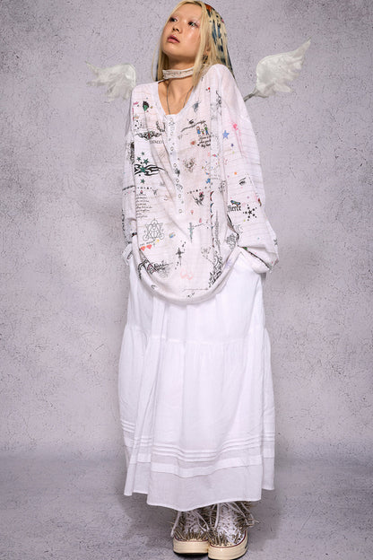 Manuscript Print Long Sleeve Open Front Shirt