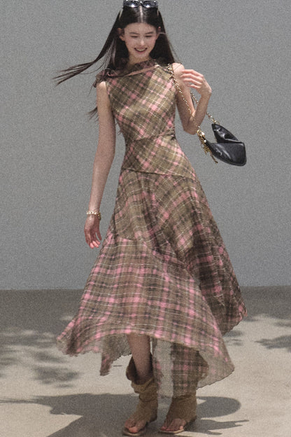 Off-Shoulder Plaid Irregular Tank Dress