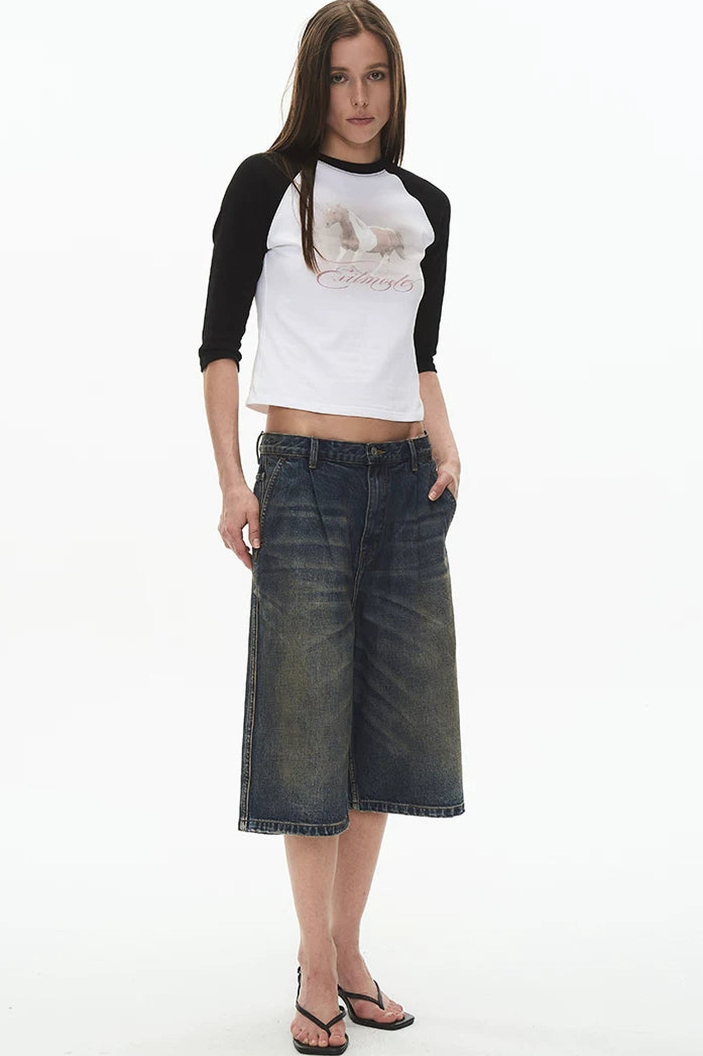 Pleated Distressed Denim Shorts