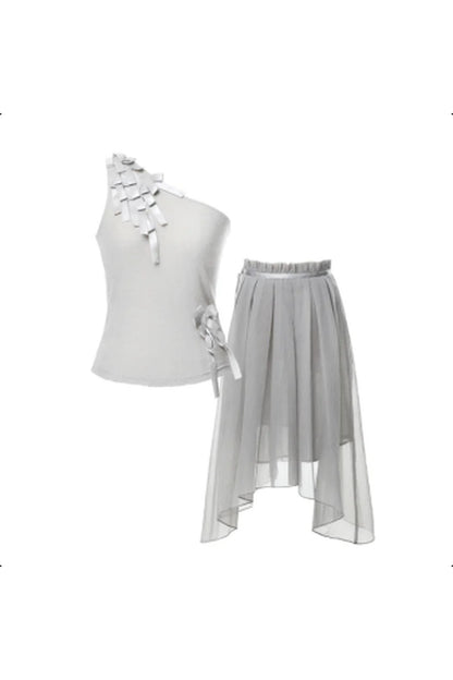 Satin Ribbon Knit Vest & Pleated Skirt Set
