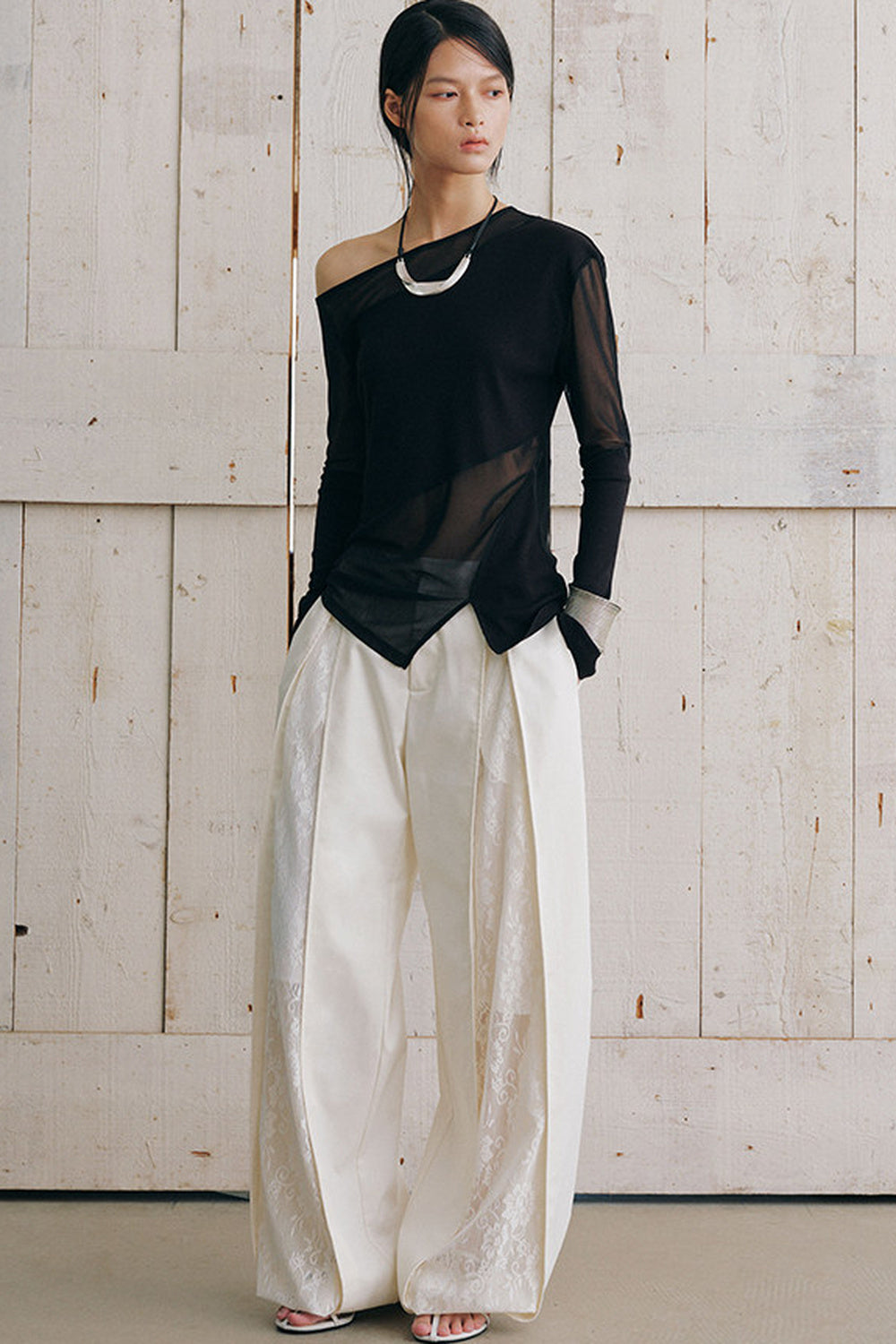 Asymmetrical Sheer Long Sleeve Blouse