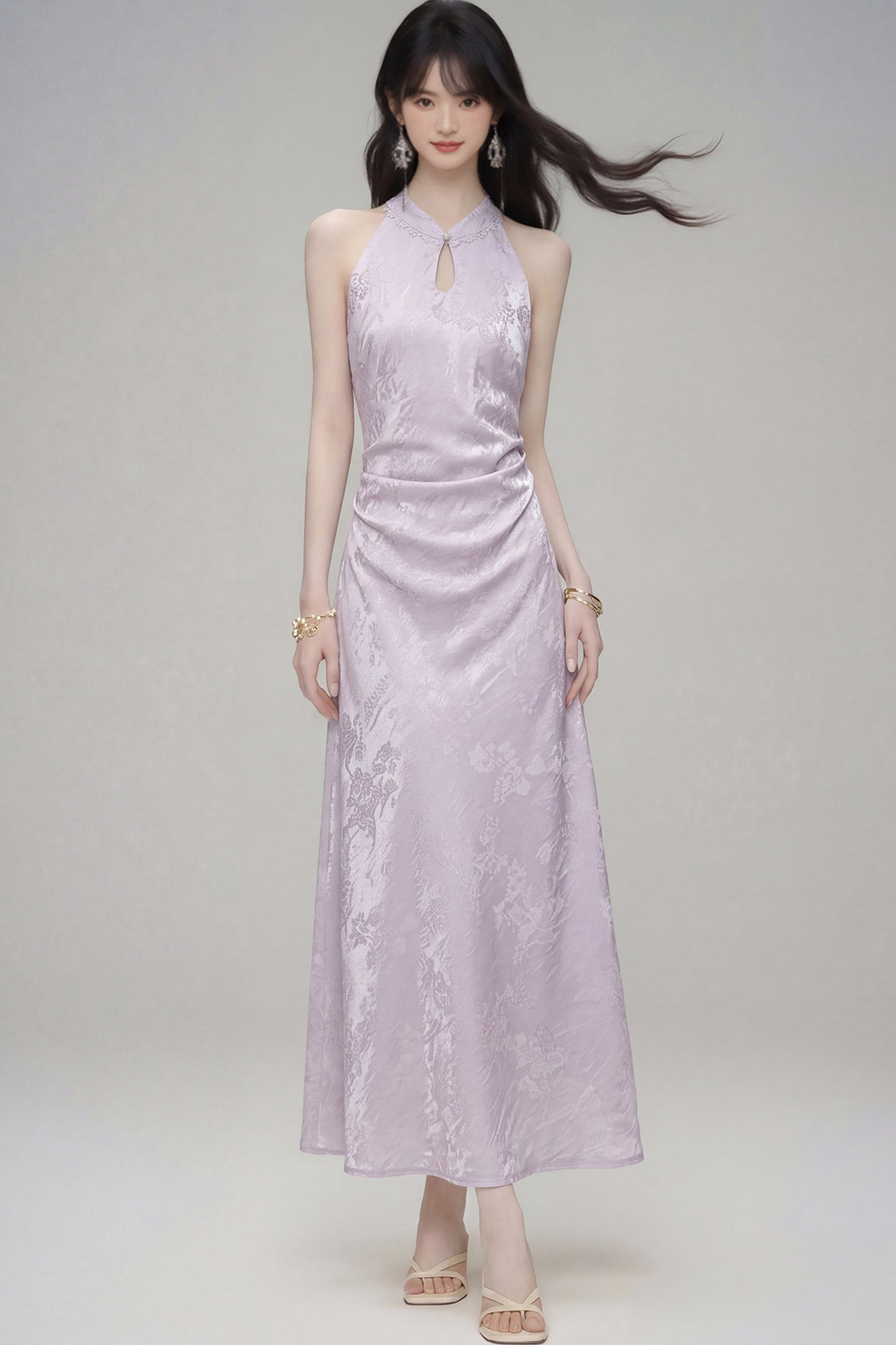 Halter-Neck Jacquard Cheongsam Dress