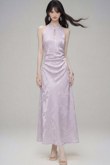 Halter-Neck Jacquard Cheongsam Dress
