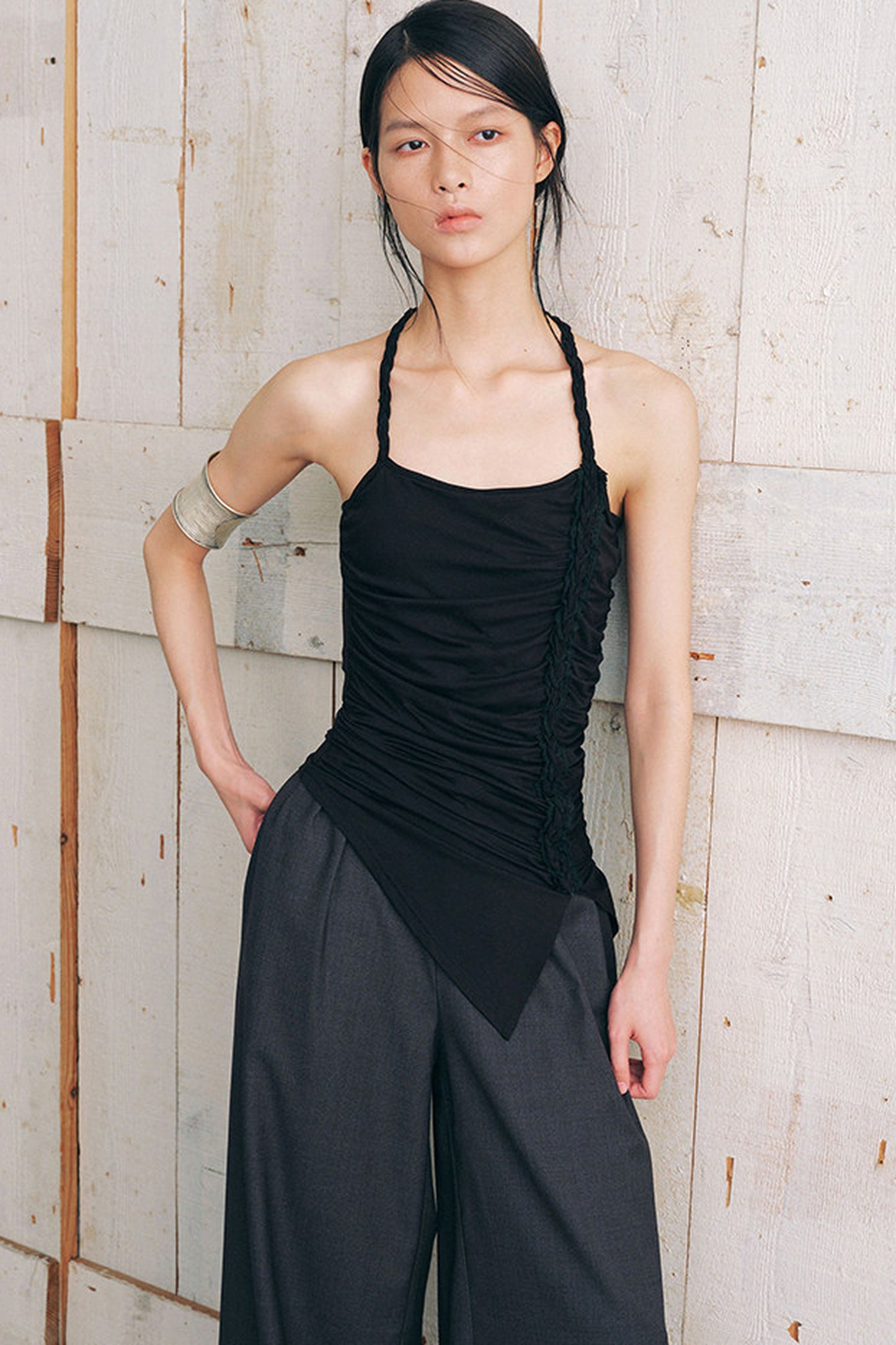 Side Ruched Braided Halter Top