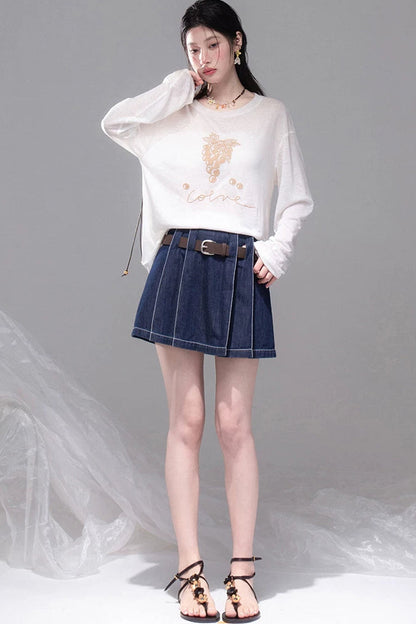 Night Blue Pleated Denim Skirt