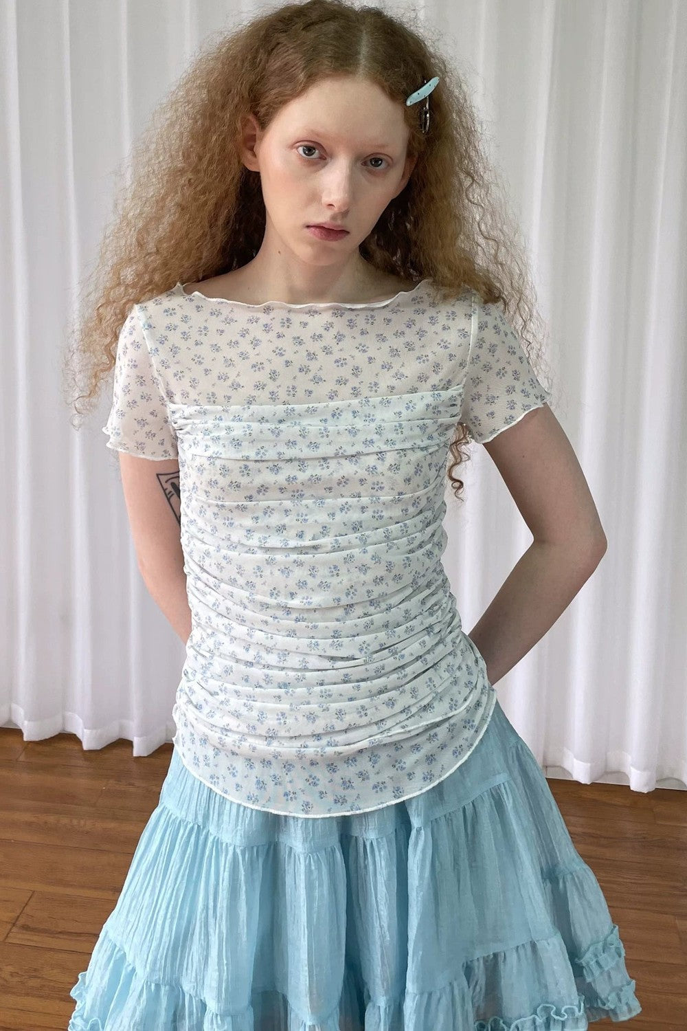 Light Blue Floral Mesh Top