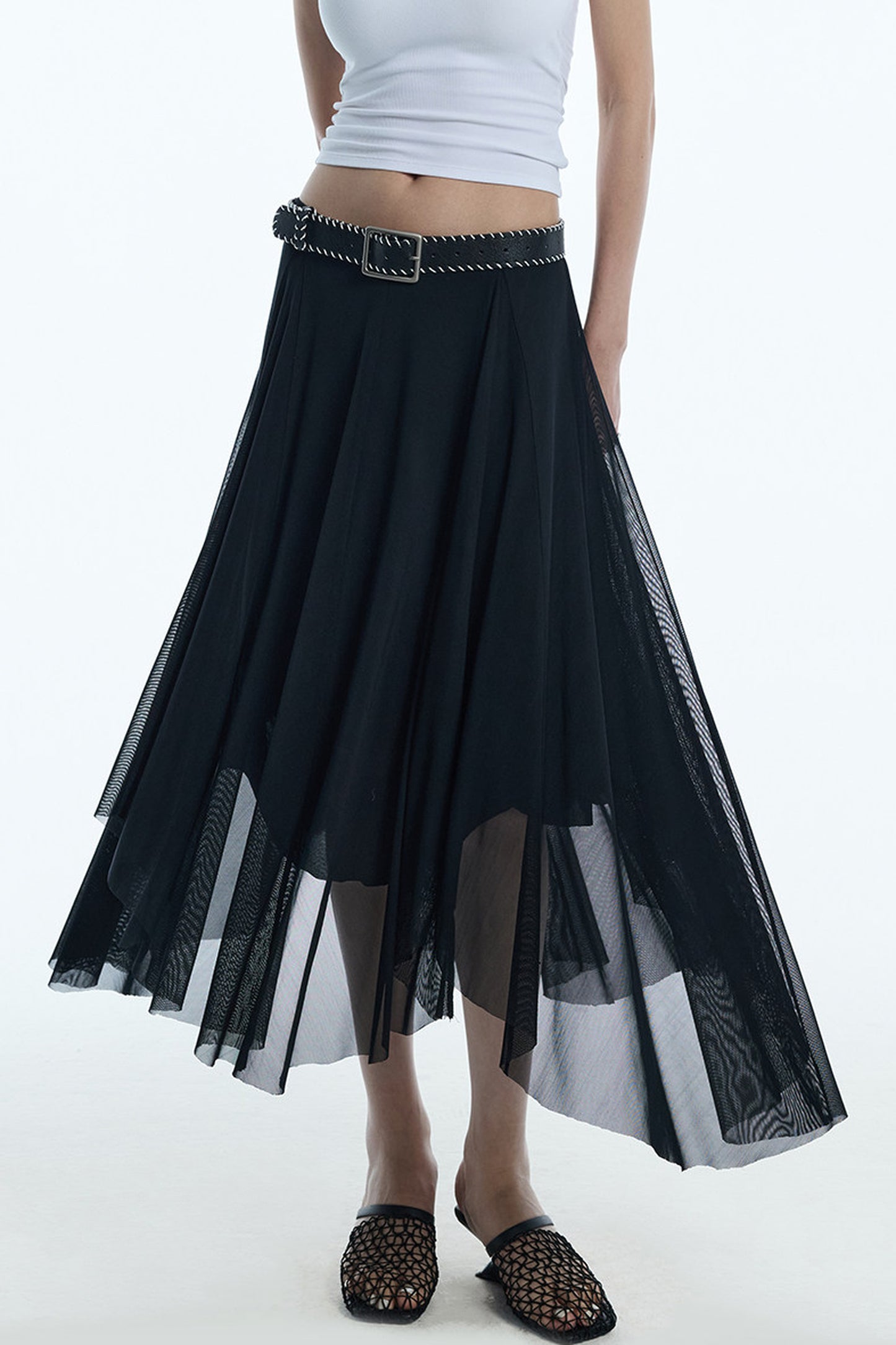 Asymmetrical Hem Mesh Skirt