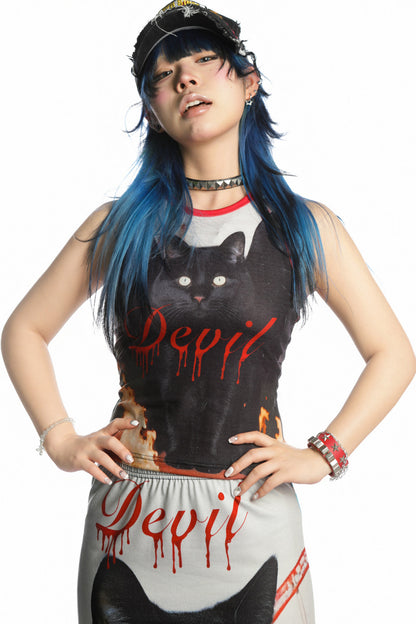 Y2K Devil Cat Print Sleeveless Tank Top