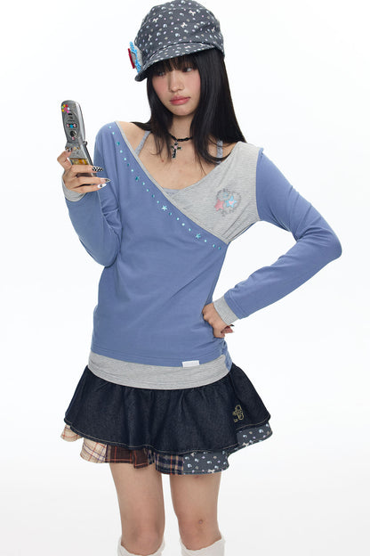 Diagonal Placket Layered-Look T-Shirt
