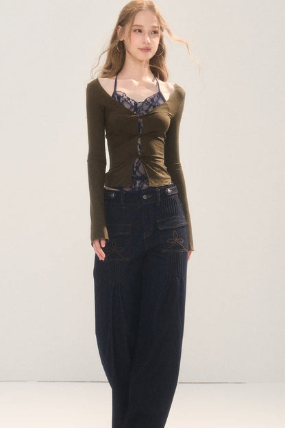 Pleated Pocket Wide Leg Jeans
