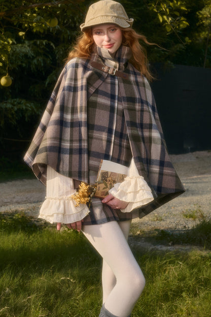 Detachable Plaid Cape Vest And A-Line Skirt Set-Up