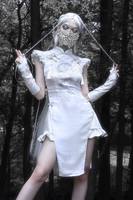 Chinese Silver Dragon Embroidered Slit Dress