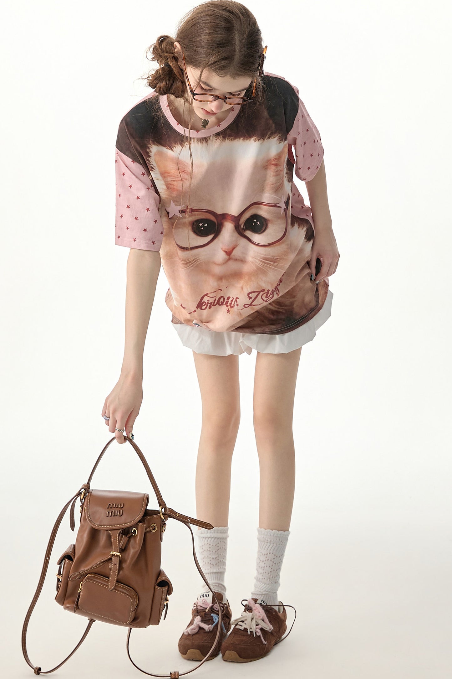 Lockeres T-Shirt mit Rundhalsausschnitt und pinkem Stern-Katzenprint