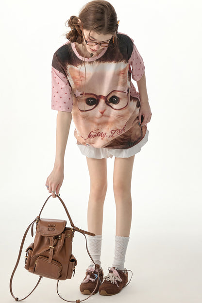 Lockeres T-Shirt mit Rundhalsausschnitt und pinkem Stern-Katzenprint