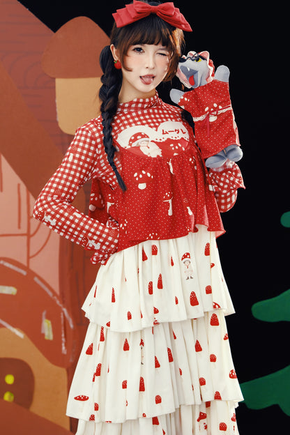 Red Mushroom Print Layered-Look Suspender Dress