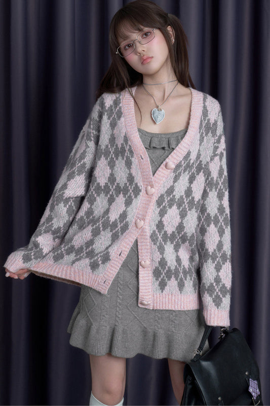 Pink Argyle Knit Cardigan and Skirt Set-Up
