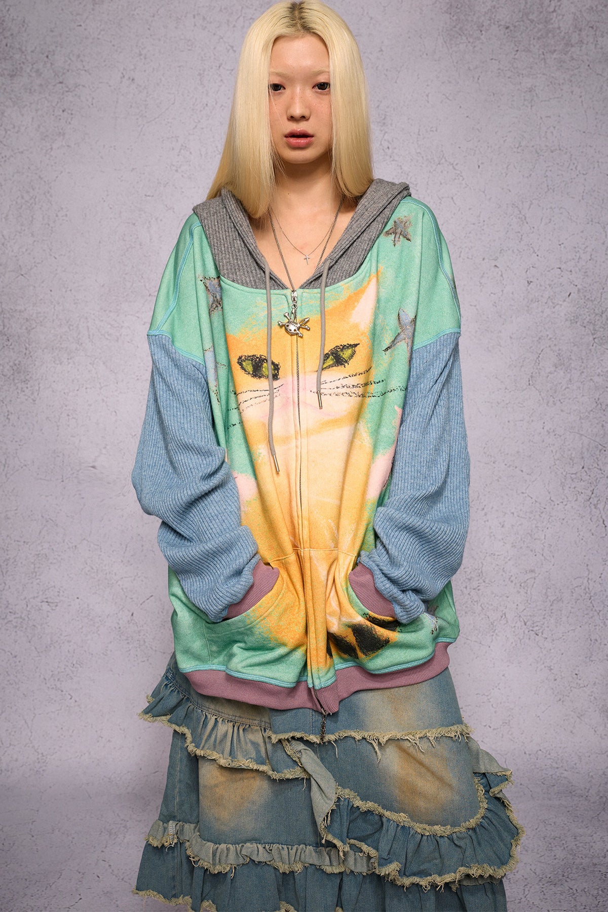 Cat Print Patchwork Sweatshirt Jacket