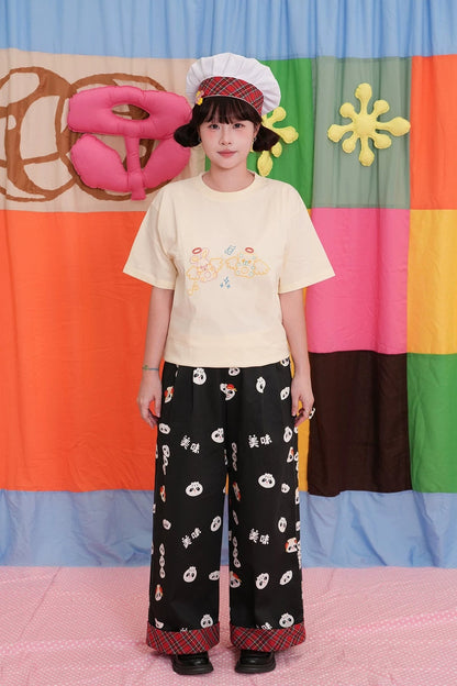 Panda Print Straight Wide-Leg Denim Pants