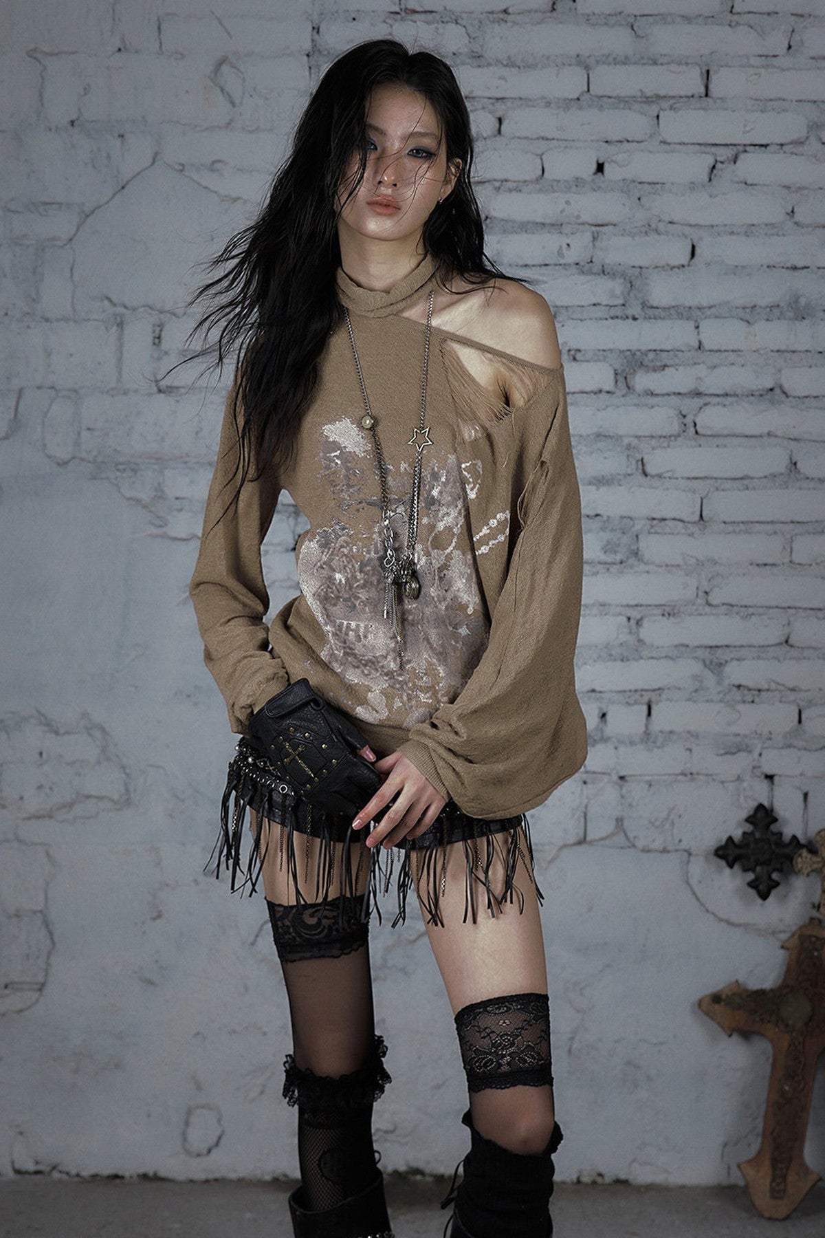 Ripped Off-Shoulder Punk Print Knit Top