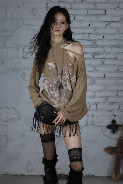 Ripped Off-Shoulder Punk Print Knit Top