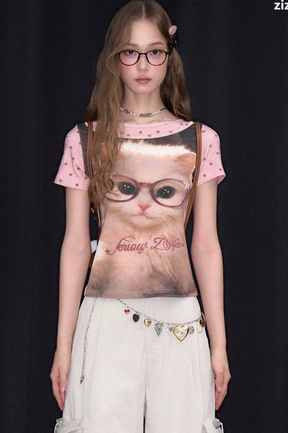 Retro Distressed Cat Print Top