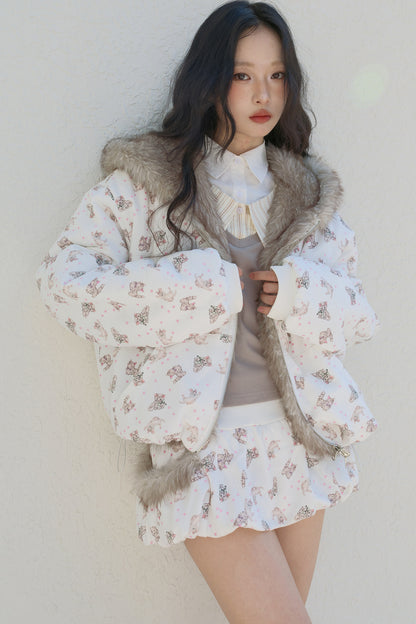 Manteau matelassé réversible à capuche avec imprimé chat
