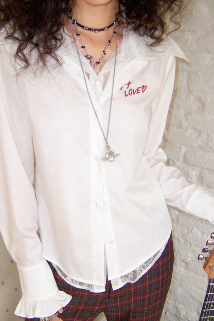 Pointed Collar Lace Print Layered-Look Blouse