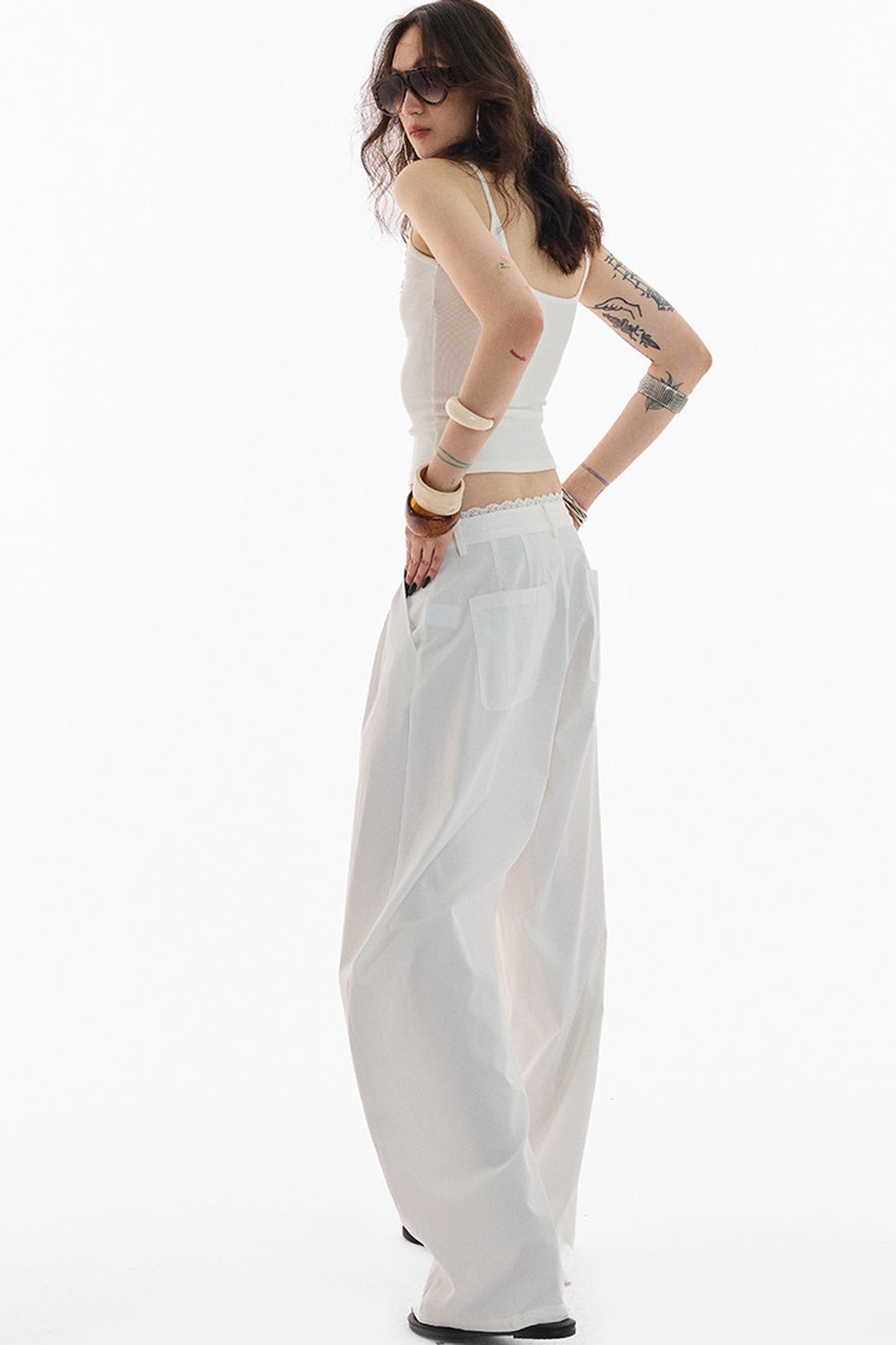 Lace Trim Pima Cotton Wide Leg Pants
