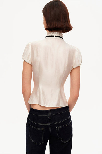 White Tencel Satin Puff Sleeve T-Shirt