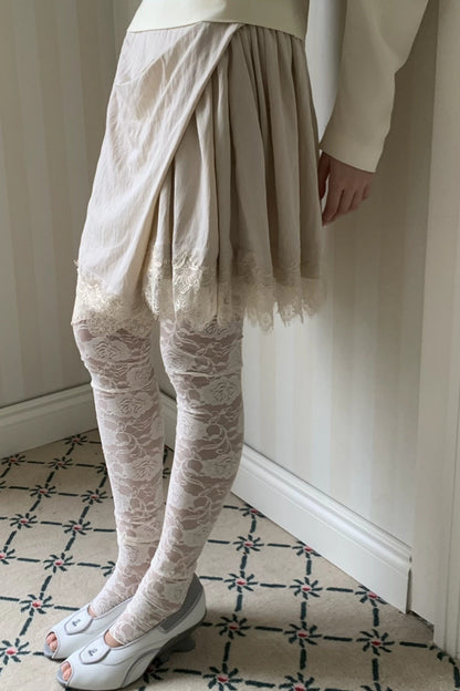 Asymmetrical Pleated A-Line Lace Trim Skirt