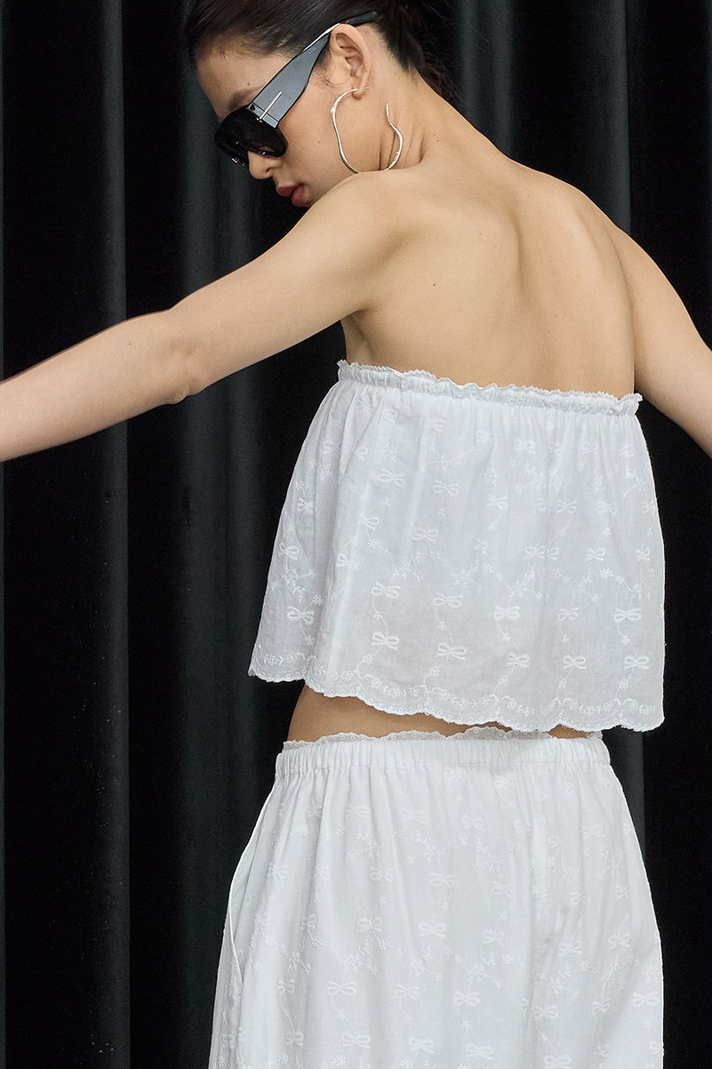 White Cotton Hollow Embroidery Top And Pants Set-Up