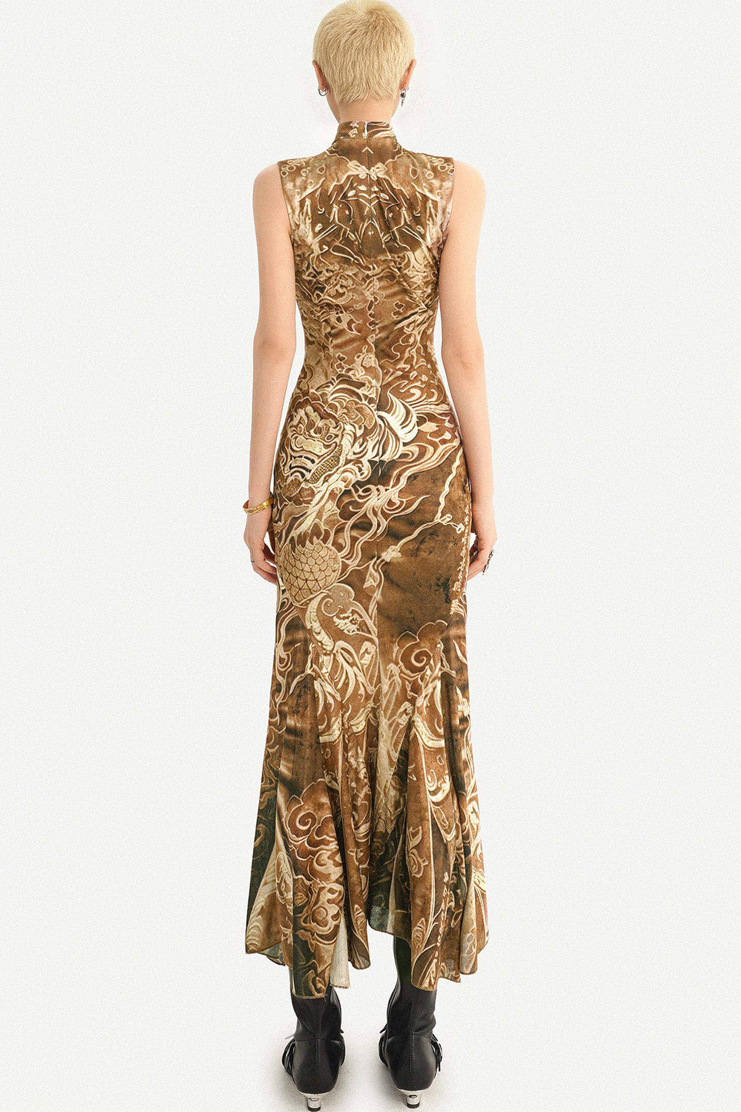 Luxurious Sleeveless Gold Cheongsam Fishtail Dress