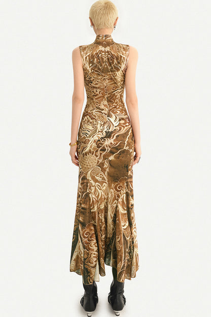 Luxurious Sleeveless Gold Cheongsam Fishtail Dress