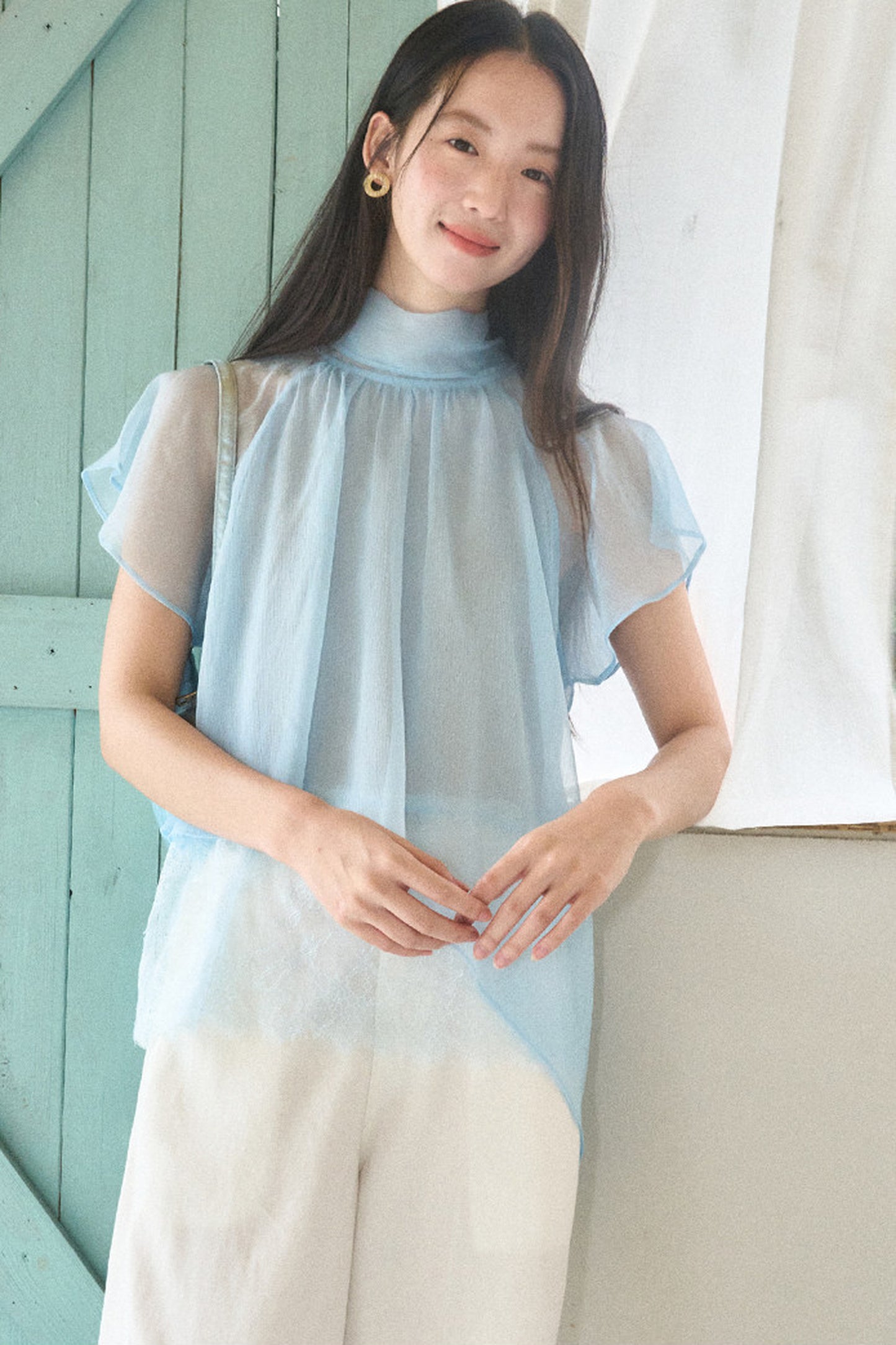 Sheer Blue Lace Ribbon Short Sleeve Top