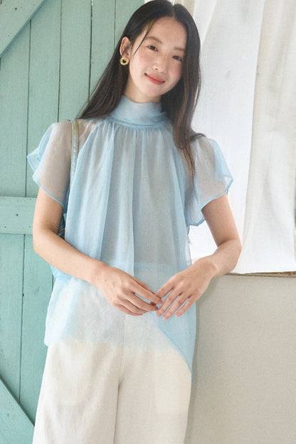 Sheer Blue Lace Ribbon Short Sleeve Top